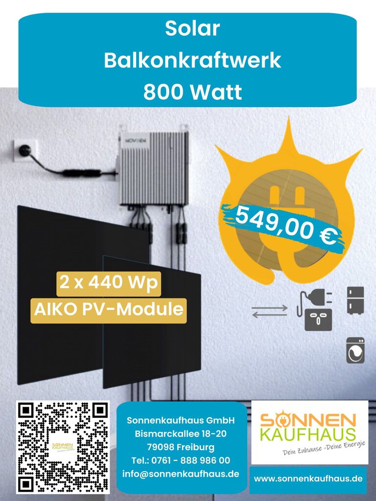 Solar Balkonkraftwerk 800 Watt mit 2 Stück AIKO 440Wattp PV-Modulen