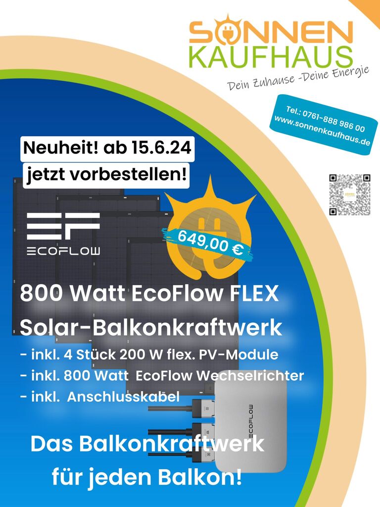 EcoFlow Balkonkraftwerk mit 4 Stück flexiblen 200 Wattp PV-Modulen und 800 Watt EcoFlow Wechselrichter