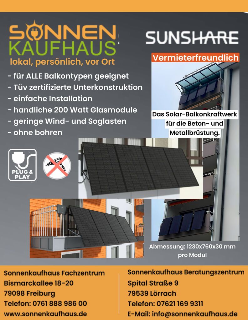 Solar-Balkonkraftwerk ohne bohren zu befestigen. Geeignet für alle Balkon Typen wie Metall oder Beton